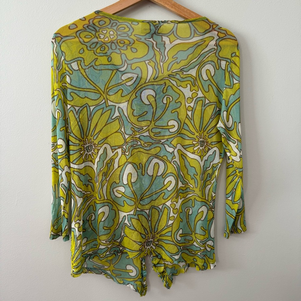 Lynn Ritchie 100% Silk Sheer Mesh Ruffle Groovy Floral Top Medium - Picture 8 of 14